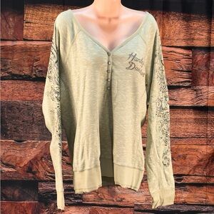Harley-Davidson Sage Green Henley Pullover with Sleeve Artwork